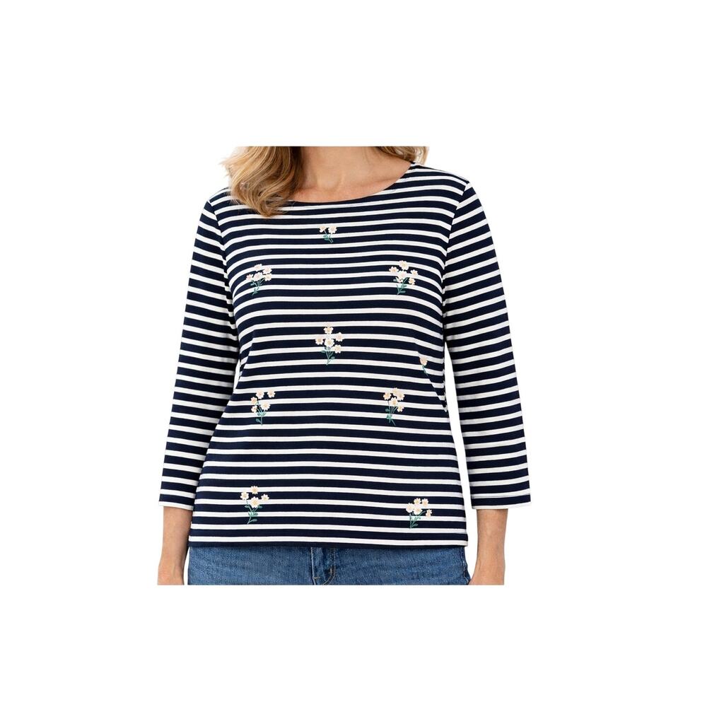 Talbots Top Womens Plus Size 3XP Blue White Stripe Embroidered Daisie Cotton NWT